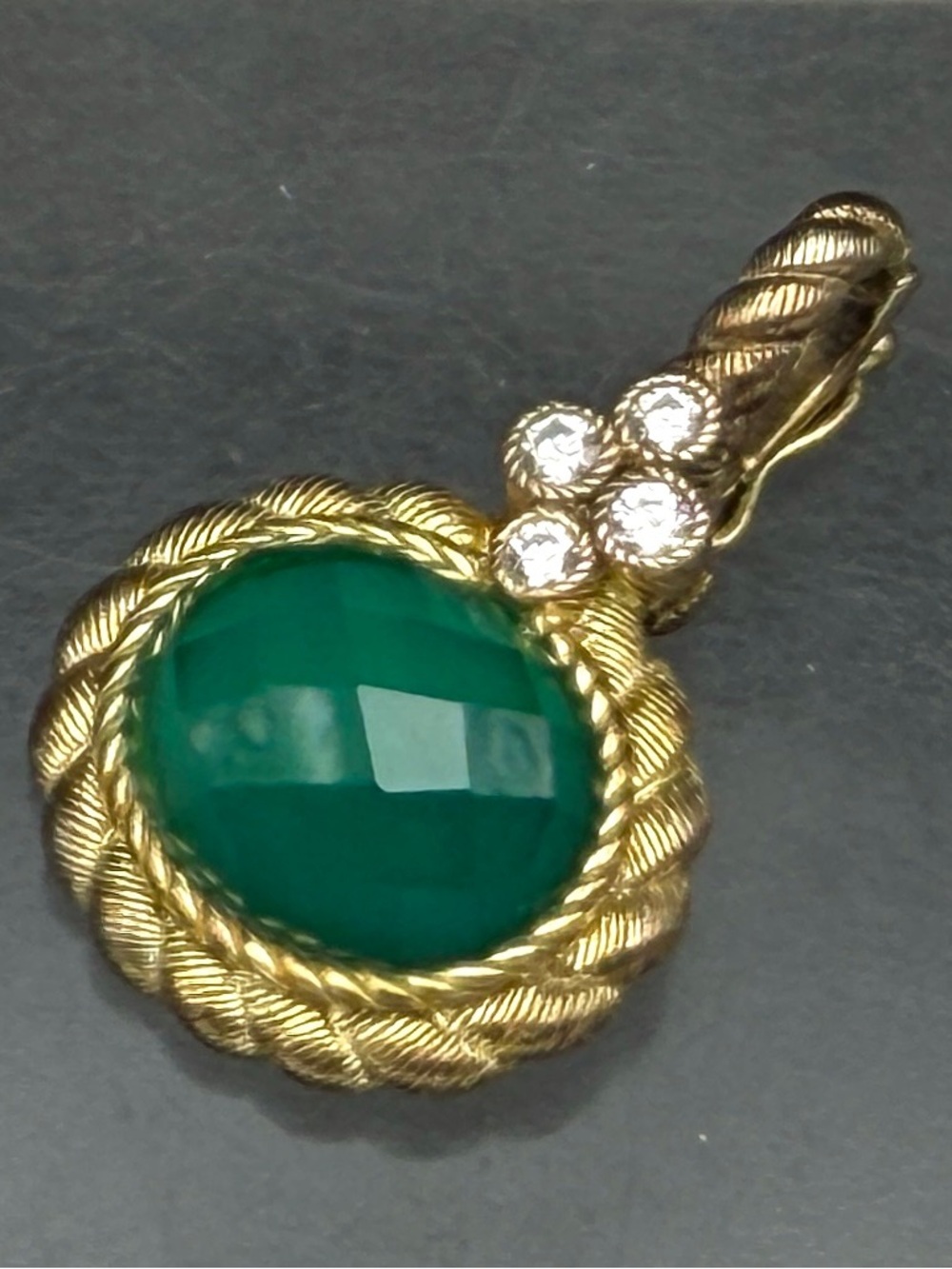 Judith Ripka- Vintage Green Onyx Gold Tone Sterling Silver CZ Pendant